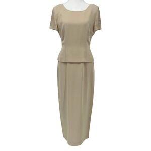 Vintage‎ 80’s Donna Morgan Midi Dress Peplum Beaded Shoulder Cream Tan Size 6